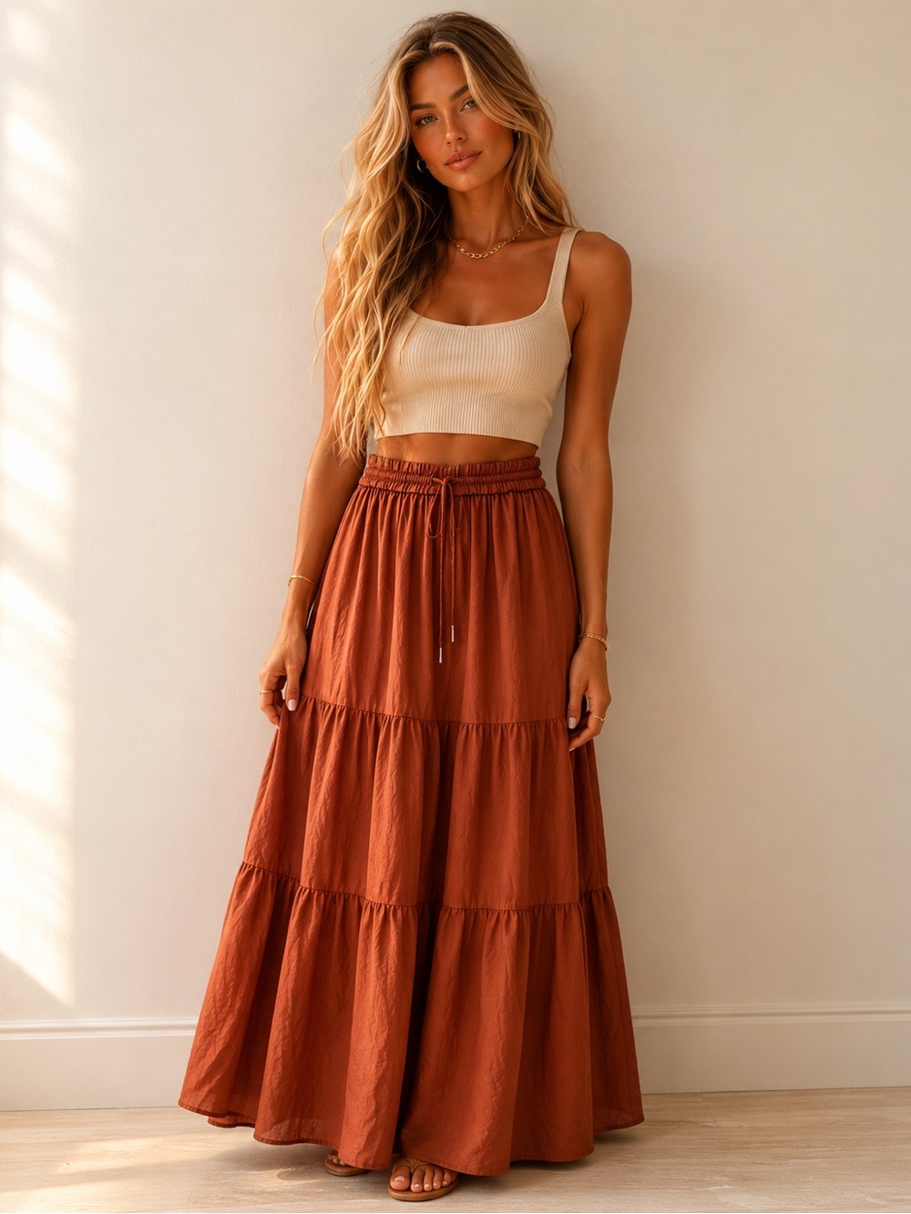 Mango Rust Tiered Maxi Skirt – Size S